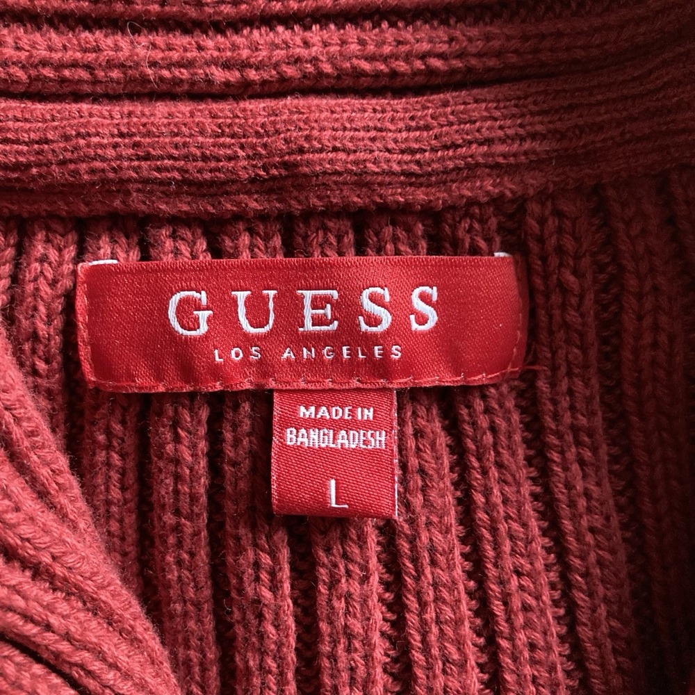 GUESS Cleo Zip Shawl Collar Pullover Sweater Mens Lg Cranberry Red Cotton Blend - Picture 7 of 14
